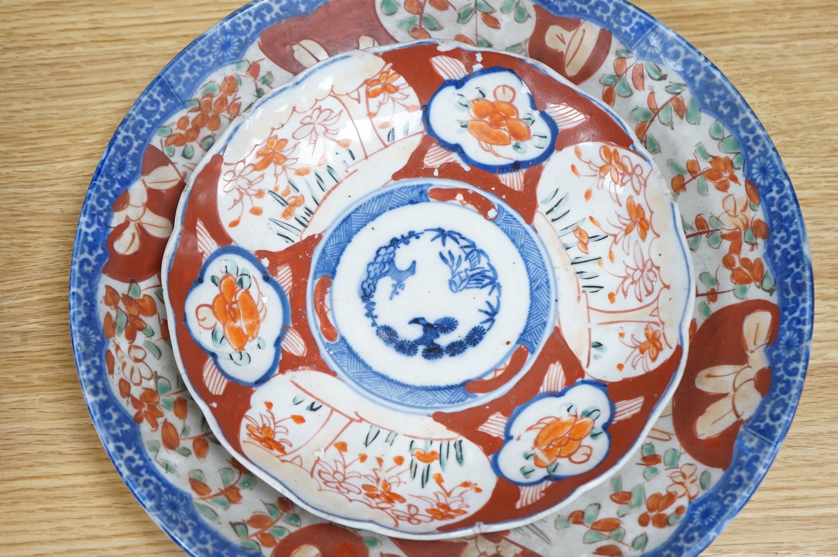 Three Japanese Imari dishes, largest 30.5cm
